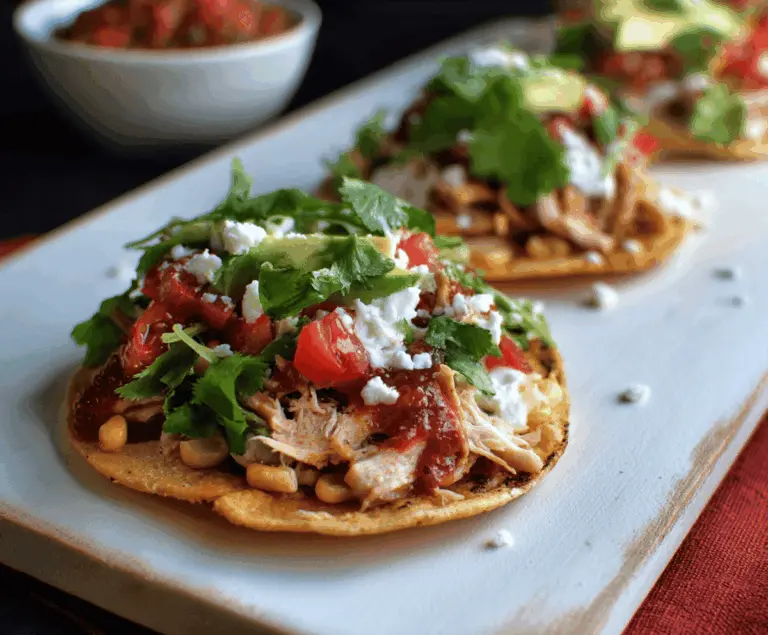 Delicious rotisserie chicken tostadas topped with fresh lettuce, diced tomatoes, shredded cheese, and sour cream on a crispy tostada shell
