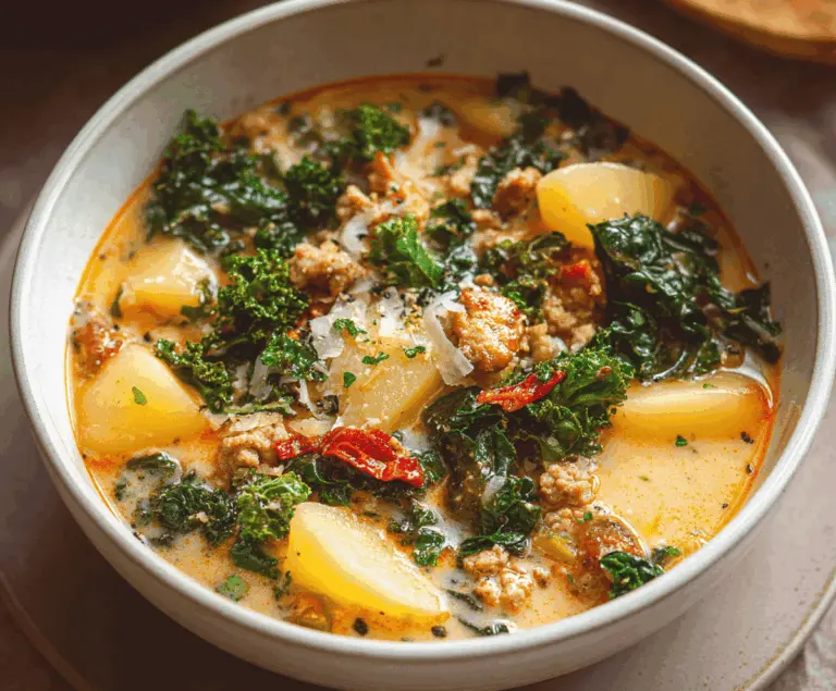 Hearty sausage, potato, and kale soup in a bowl, garnished with fresh herbs for a comforting, healthy meal