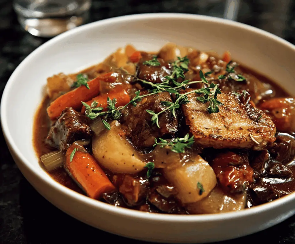 Hearty Scottish Beef Stew with tender beef chunks, carrots, potatoes, and fresh herbs in a rich broth.