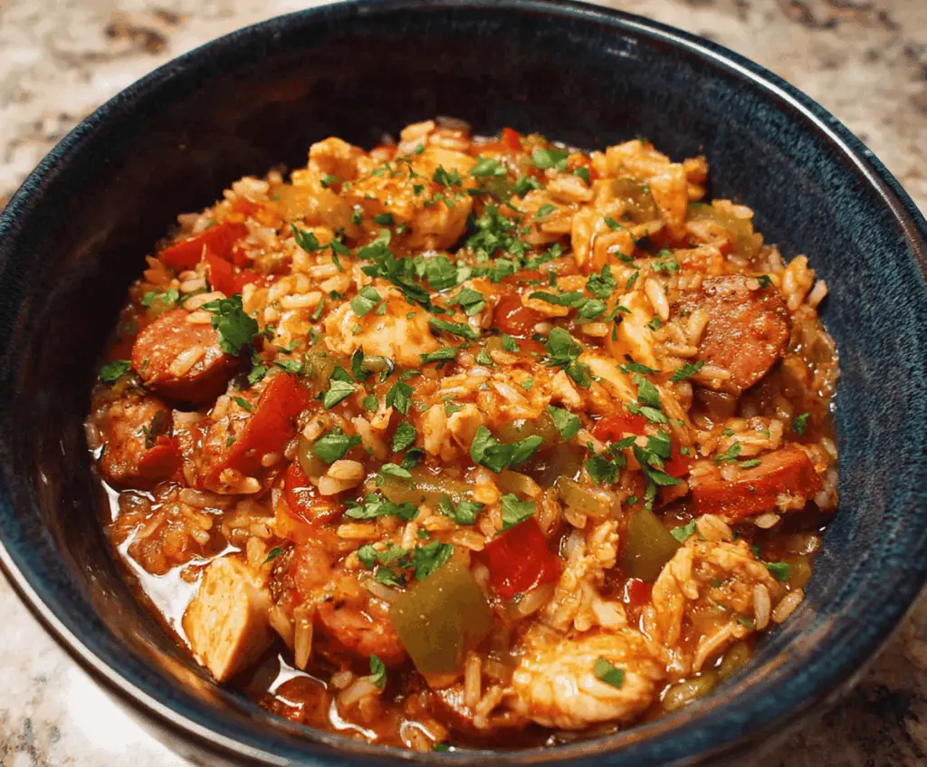 Delicious Slow Cooker Chicken Jambalaya in a bowl with rice, chicken, sausage, and colorful vegetables, ready to serve.