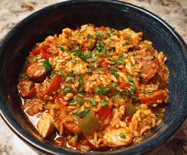 Delicious Slow Cooker Chicken Jambalaya in a bowl with rice, chicken, sausage, and colorful vegetables, ready to serve.
