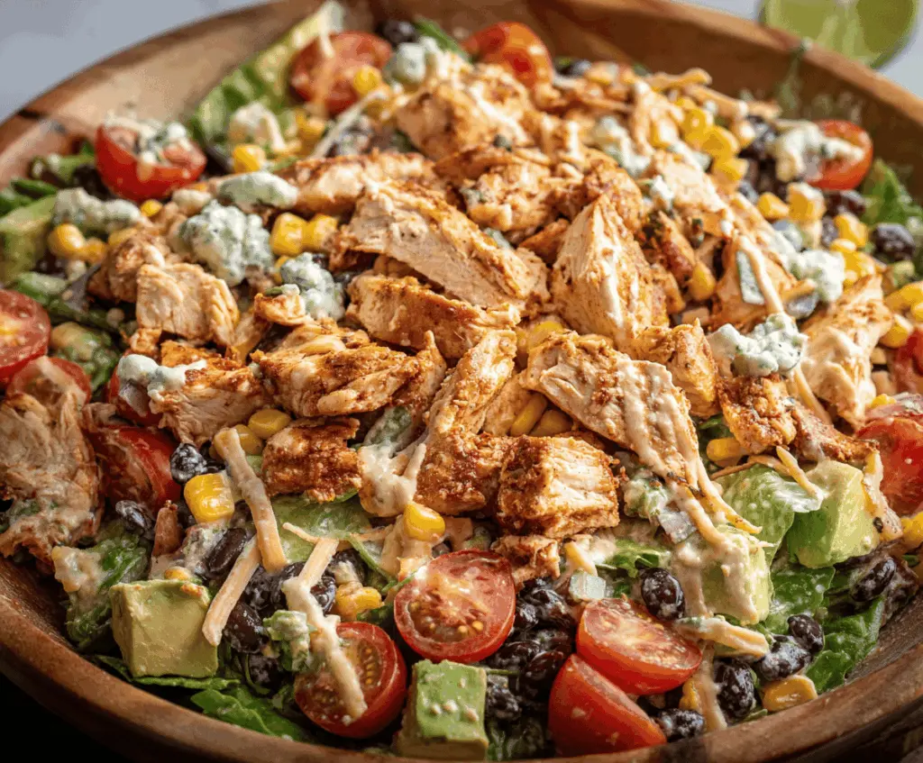 Colorful Southwest Chicken Salad featuring grilled chicken, fresh mixed greens, cherry tomatoes, corn, black beans, shredded cheese, and crunchy tortilla strips topped with a lime vinaigrette.