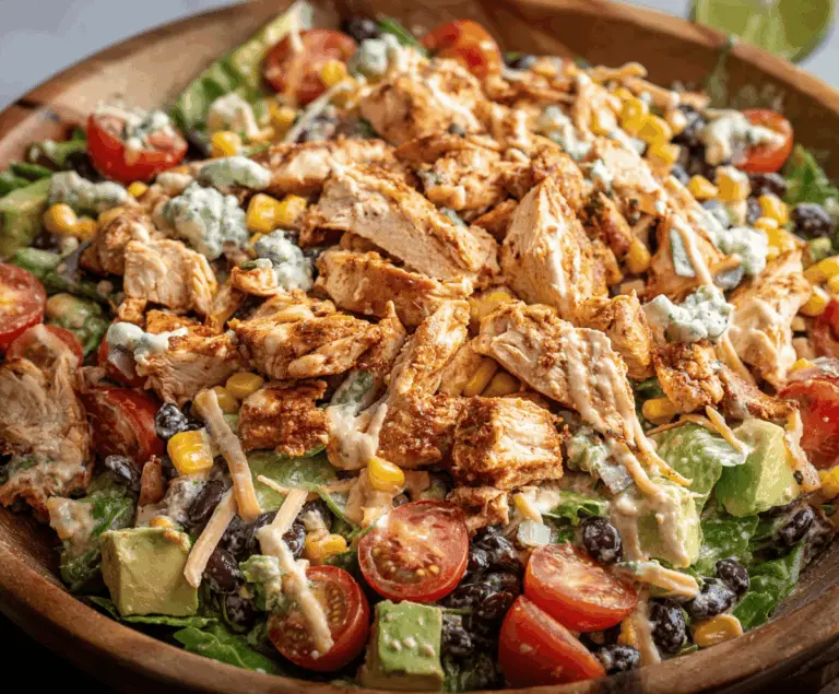 Colorful Southwest Chicken Salad featuring grilled chicken, fresh mixed greens, cherry tomatoes, corn, black beans, shredded cheese, and crunchy tortilla strips topped with a lime vinaigrette.