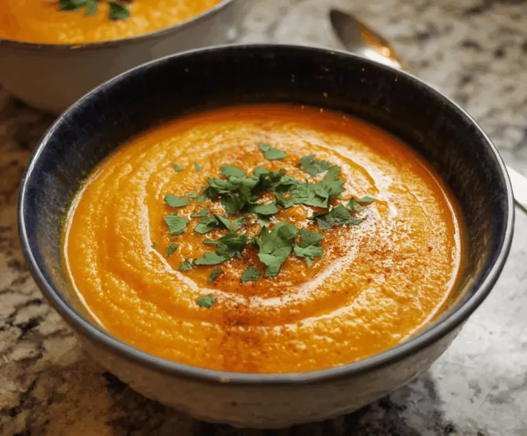 Creamy spiced carrot ginger soup garnished with fresh herbs in a bowl, highlighting vibrant orange color and warm flavors.