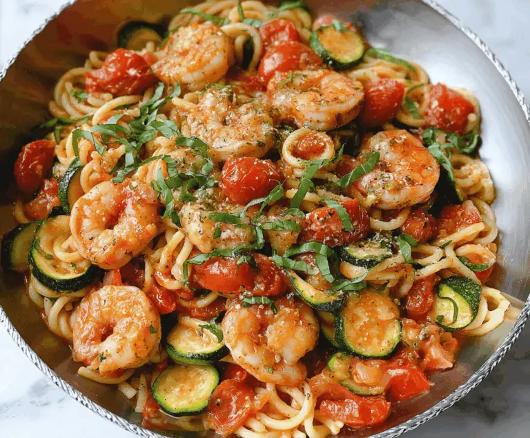 Creamy tomato and zucchini shrimp pasta served on a plate, garnished with fresh herbs and grated cheese, featuring vibrant colors and a delicious seafood and vegetable combination.