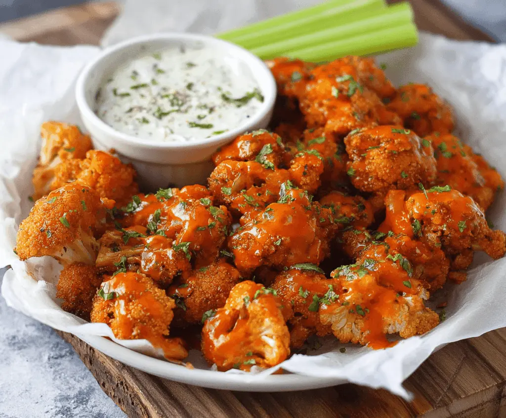 Crispy Air Fryer Buffalo Cauliflower bites served with dipping sauce on a white plate, perfect for healthy snacking
