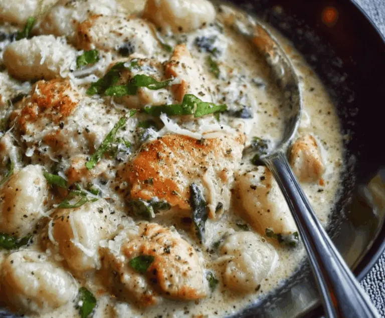 Creamy Asiago Chicken Gnocchi served with fresh herbs and melted cheese on a white plate.