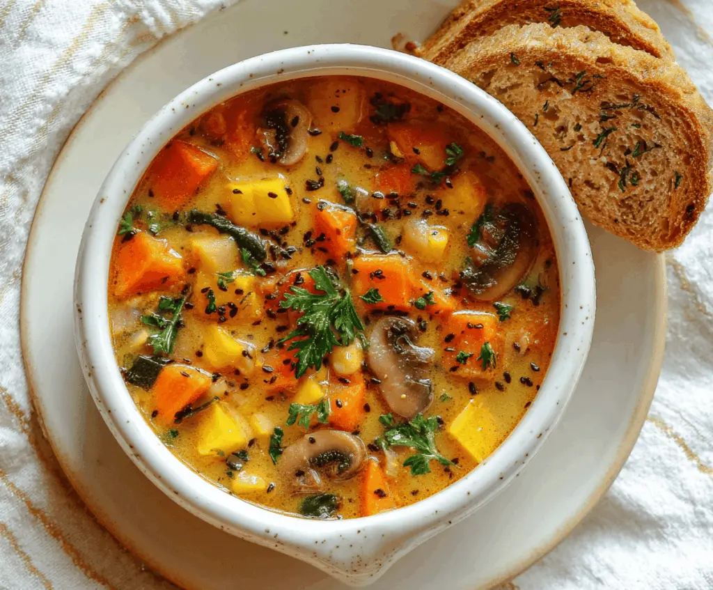 A bowl of warm Autumn Harvest Vegetable Soup garnished with fresh herbs, featuring colorful seasonal vegetables like squash, carrots, and spinach.