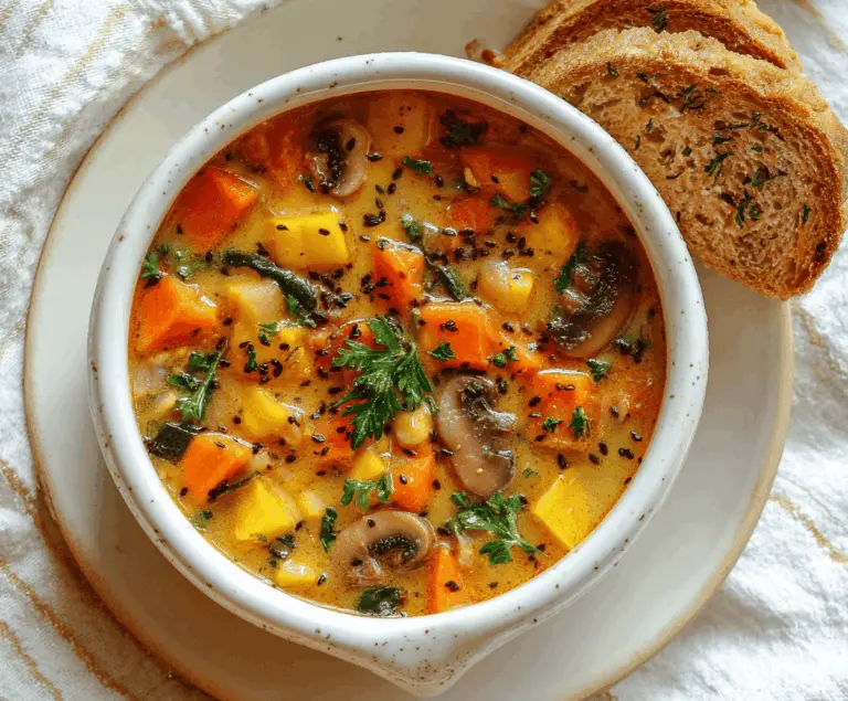 A bowl of warm Autumn Harvest Vegetable Soup garnished with fresh herbs, featuring colorful seasonal vegetables like squash, carrots, and spinach.