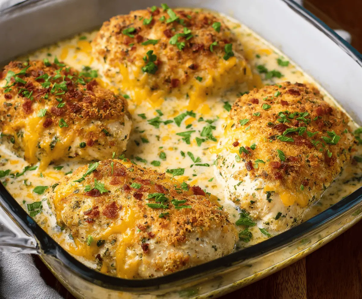 Juicy baked ranch chicken breasts topped with herbs and golden-brown crust on a plate, served with fresh vegetables