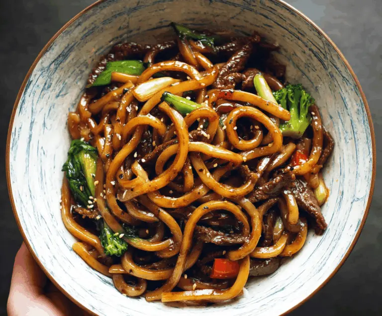 Savory Beef Black Pepper Udon noodles garnished with fresh green onions on a white plate