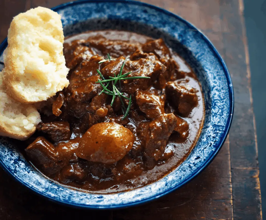 Hearty Beef Carbonnade Stew featuring tender beef chunks, caramelized onions, and rich gravy served in a rustic bowl