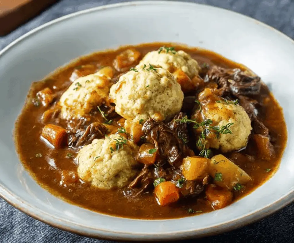 Hearty beef stew with tender meat and fluffy dumplings served in a rustic bowl, perfect for comfort food lovers.
