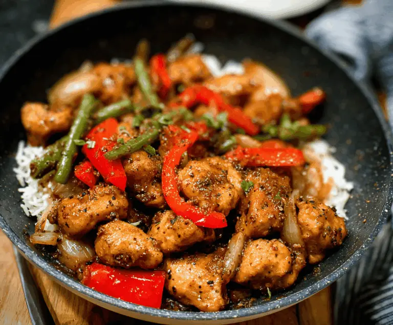 Delicious Black Pepper Chicken served with fresh vegetables and steamed rice on a plate, featuring a savory black pepper sauce.