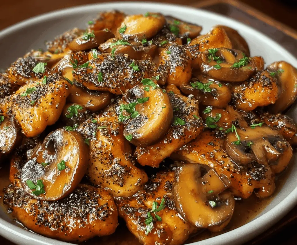Delicious Black Pepper Chicken with Mushrooms on a plate, showcasing a savory Asian-inspired dish.