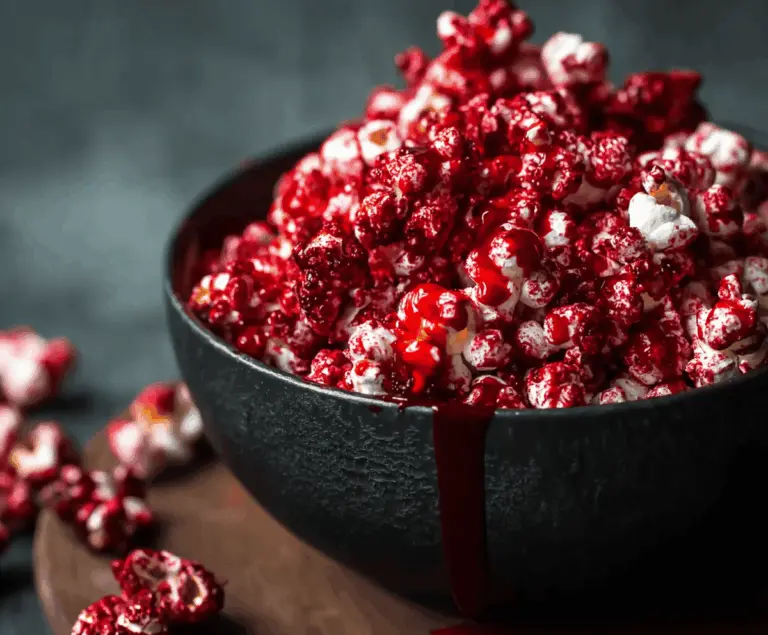 Bright red velvet popcorn topped with creamy frosting and red sprinkles for a spooky, delicious treat.