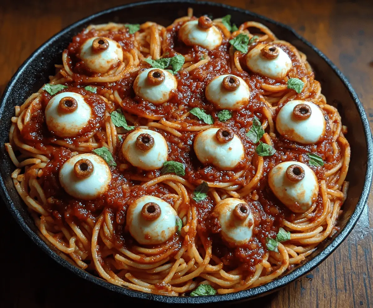 Spooky Bloody Spaghetti topped with gooey mozzarella eyeballs, perfect for Halloween themed dinner