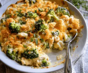 Delicious broccoli chicken casserole topped with melted cheese, served in a baking dish.
