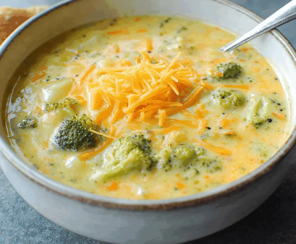 Creamy broccoli, potato, and cheese soup served in a bowl with fresh broccoli florets and melted cheese on top.