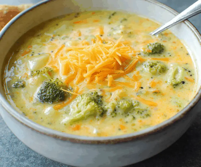 Creamy broccoli, potato, and cheese soup served in a bowl with fresh broccoli florets and melted cheese on top.