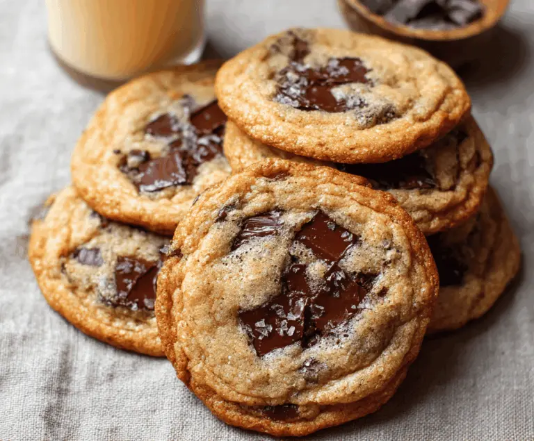 Golden brown brown butter chocolate chip cookies with melty chocolate chips and a soft, chewy texture on a baking tray.
