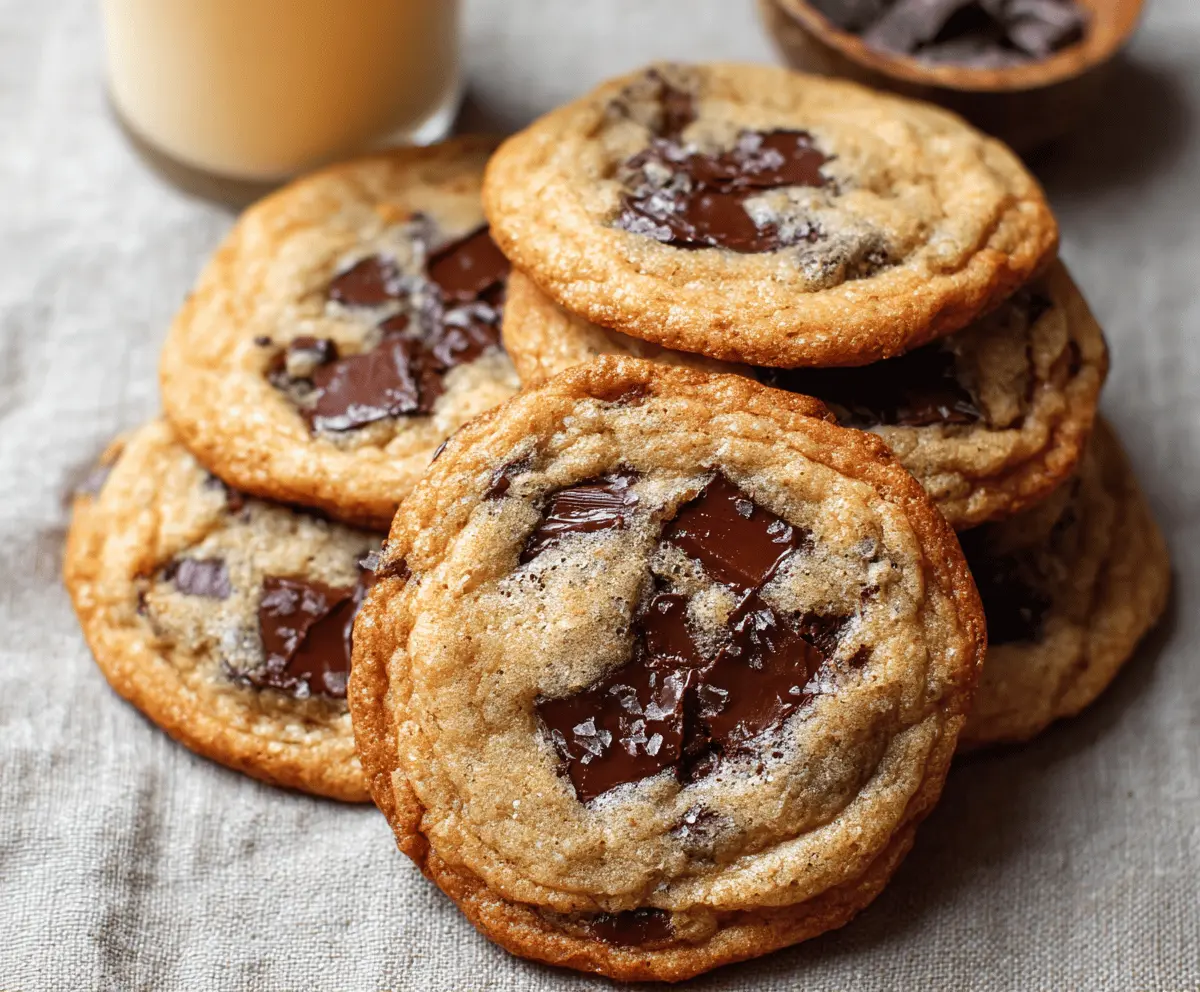 Golden brown brown butter chocolate chip cookies with melty chocolate chips and a soft, chewy texture on a baking tray.