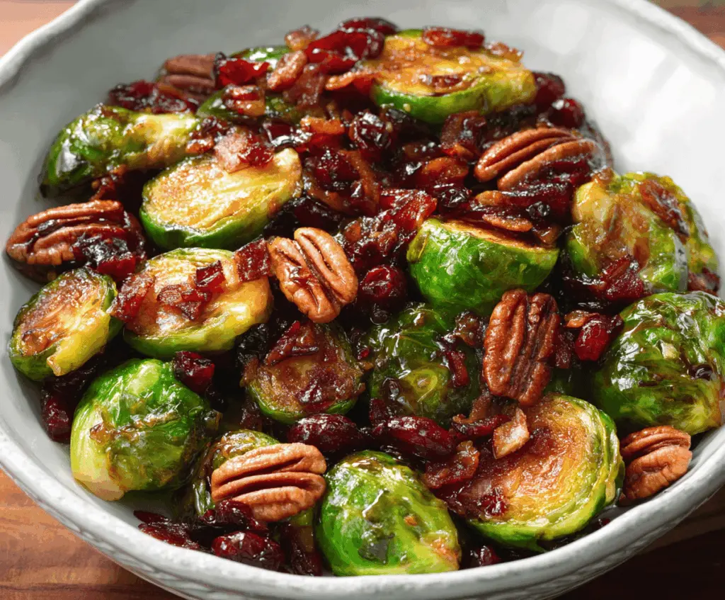 Delicious Brussels sprouts salad with crispy bacon, crunchy pecans, tart cranberries, and a drizzle of balsamic glaze for a flavorful side dish.