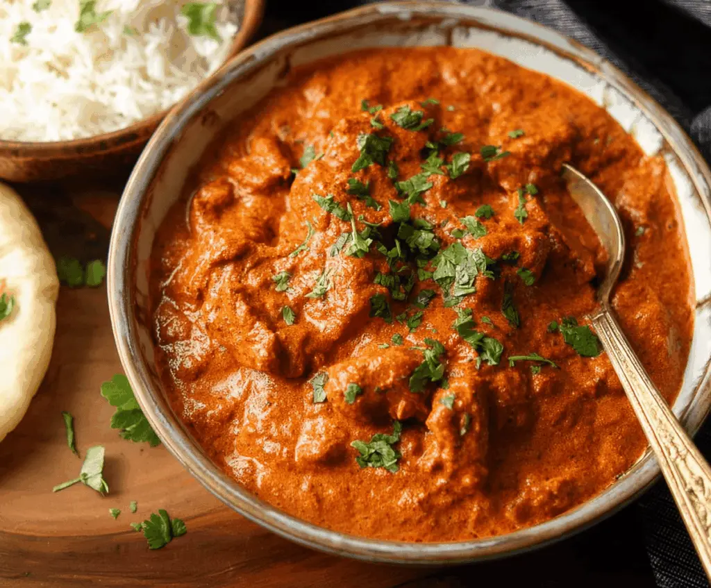 Creamy butter chicken served with fragrant basmati rice and fresh cilantro, perfect for a flavorful Indian-inspired meal.