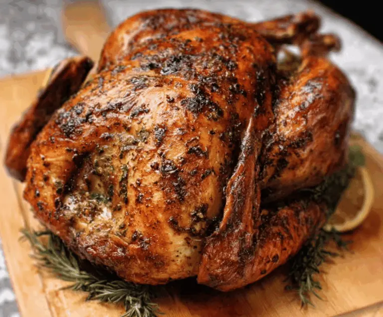 Juicy Cajun Roasted Turkey garnished with herbs on a festive platter