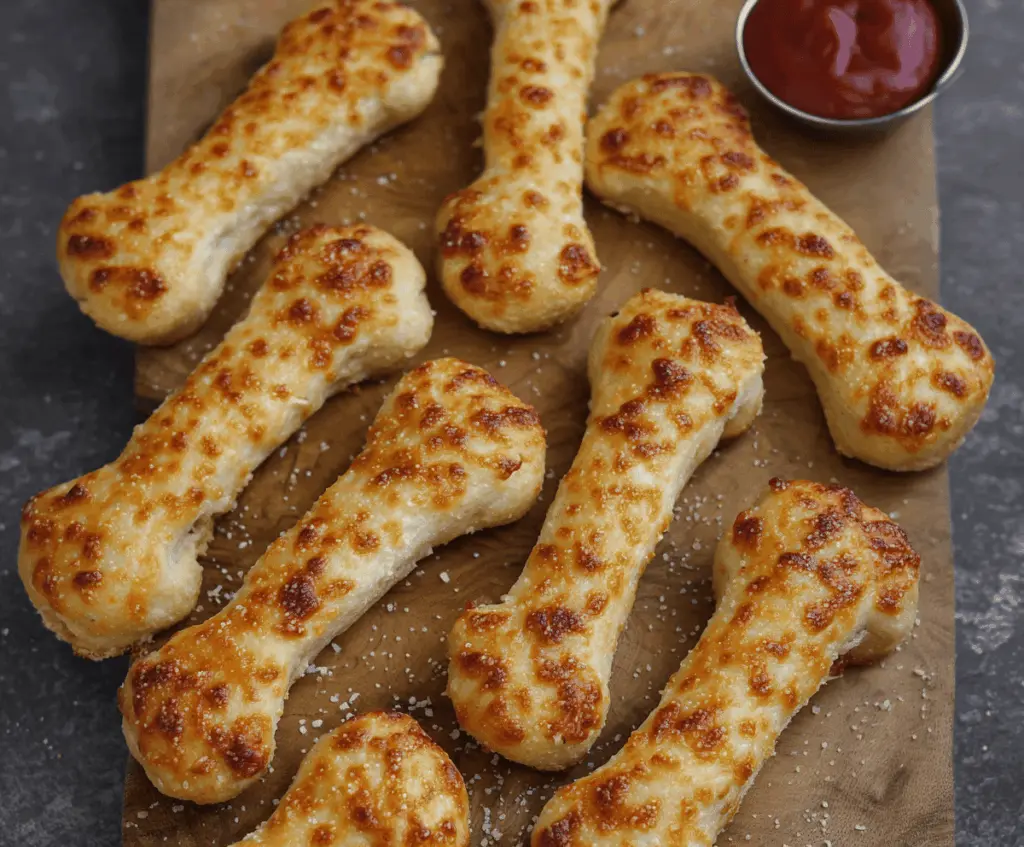 Delicious cheesy breadstick bones topped with melted cheese and herbs, perfect for a spooky Halloween snack.