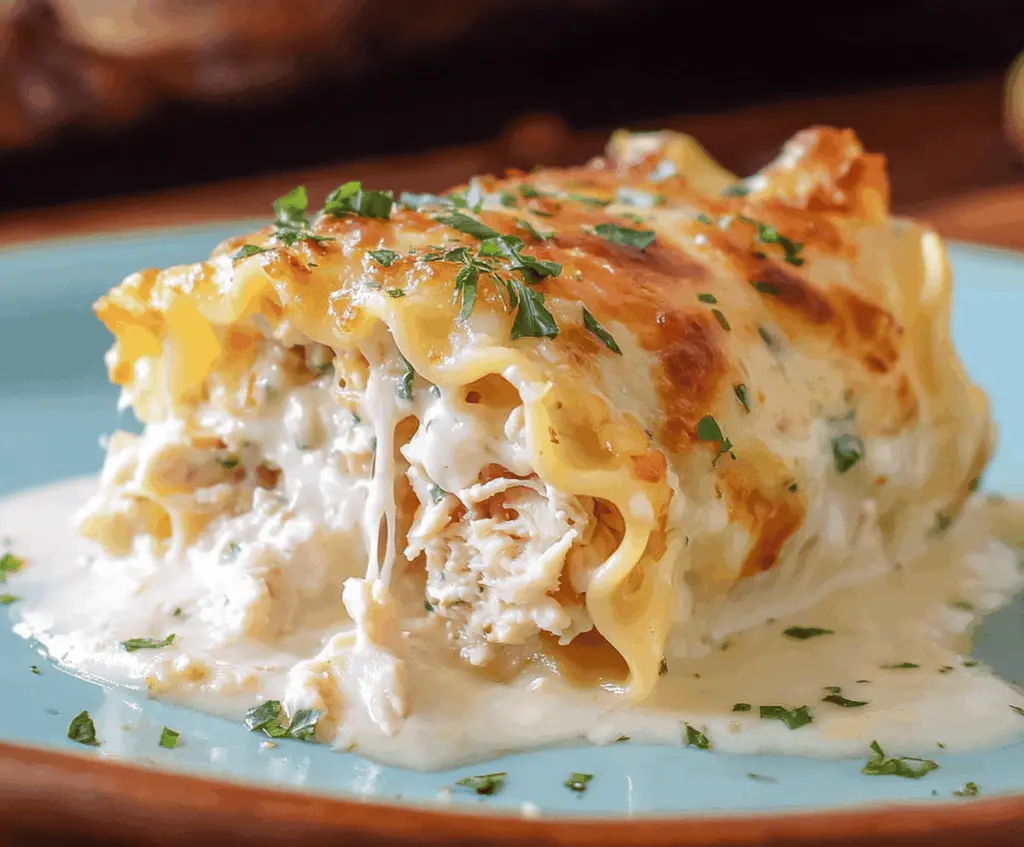 Delicious cheesy chicken Alfredo lasagna rolls topped with melted cheese and fresh herbs, served on a white plate.