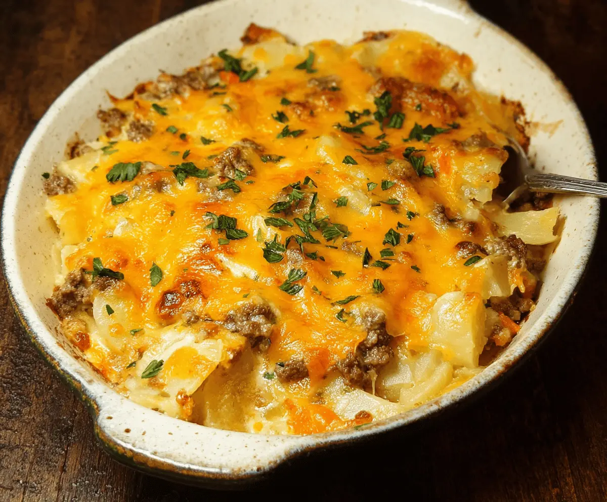 Delicious cheesy ground beef and potato casserole topped with melted cheese and fresh herbs, perfect for a hearty family meal