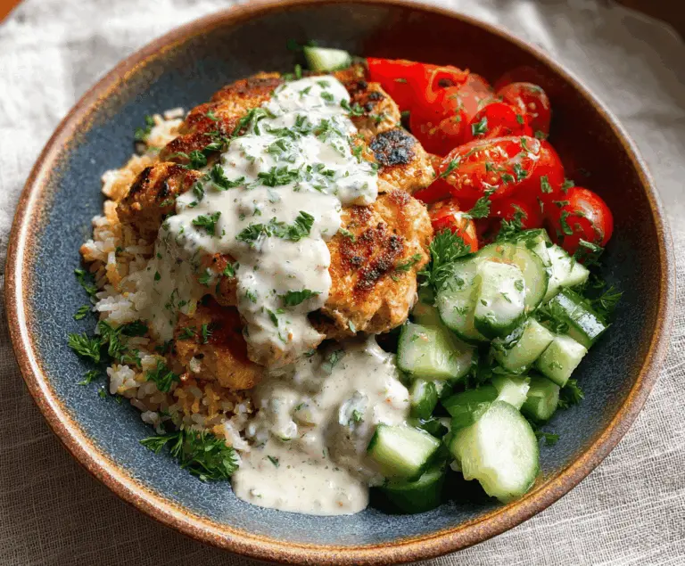 Delicious chicken and rice bowls topped with creamy garlic sauce, garnished with fresh herbs for a flavorful meal