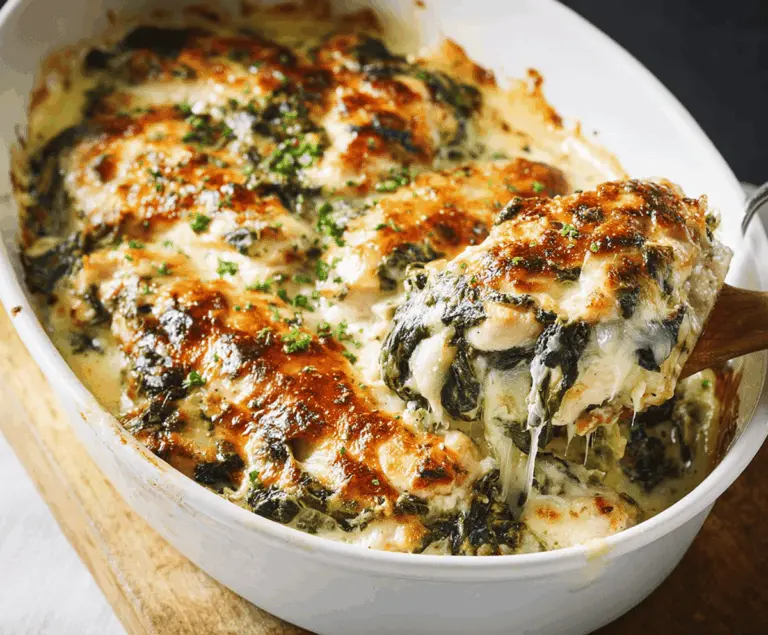 Creamy chicken and spinach casserole topped with melted cheese and fresh herbs, featuring tender chicken pieces and vibrant green spinach in a delicious baked dish.