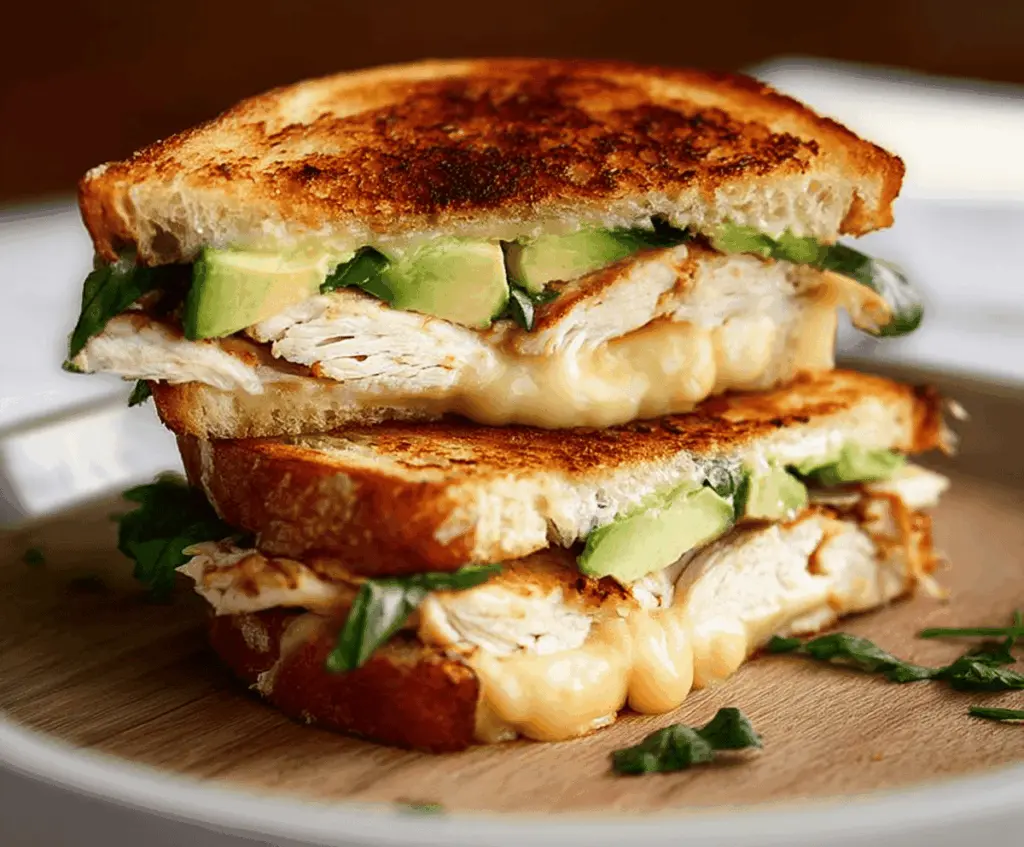 Delicious Chicken Avocado Melt Sandwich with melted cheese, fresh avocado slices, and toasted bread on a plate
