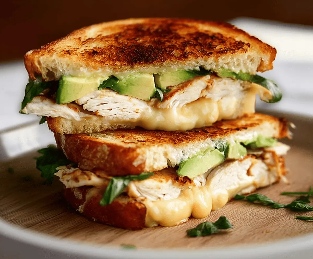 Delicious Chicken Avocado Melt Sandwich with melted cheese, fresh avocado slices, and toasted bread on a plate
