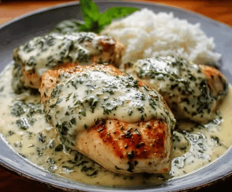Creamy chicken in basil sauce garnished with fresh basil leaves on a white plate, perfect for a flavorful dinner