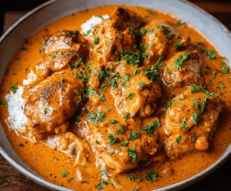 Creamy Chicken Paprikash dish featuring tender chicken simmered in rich paprika sauce, served with dumplings and garnished with fresh herbs.