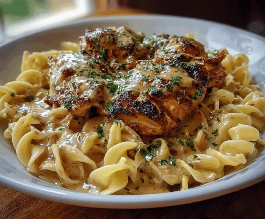 Delicious chicken served with creamy buttered noodles on a plate, perfect for a hearty and comforting meal.