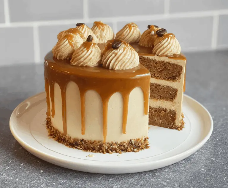 Delicious Coffee Caramel Cake with rich caramel glaze and coffee-flavored layers on a decorative plate