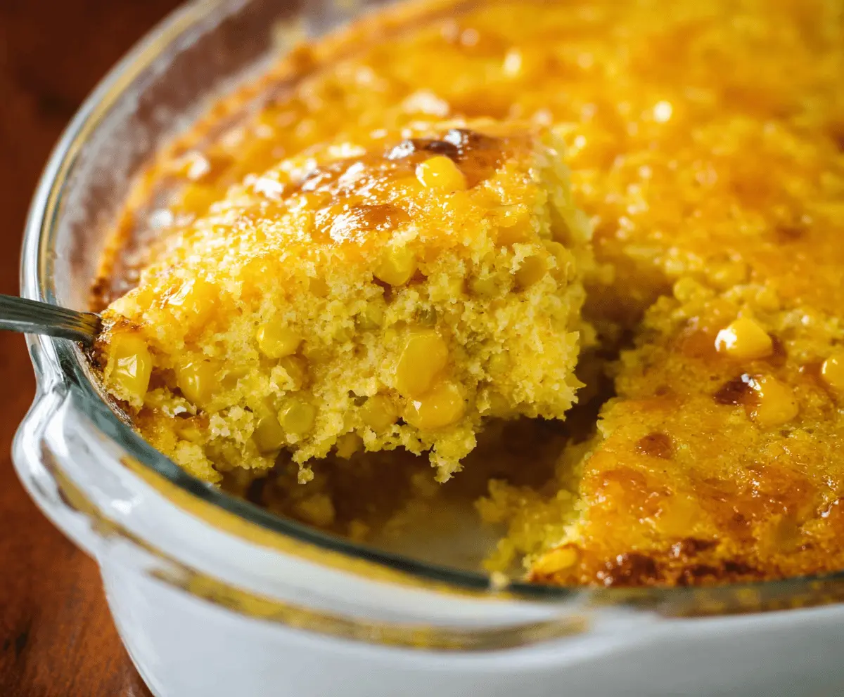 Creamy golden Corn Pudding served in a rustic dish, topped with fresh herbs, perfect as a comforting side dish for family dinners.