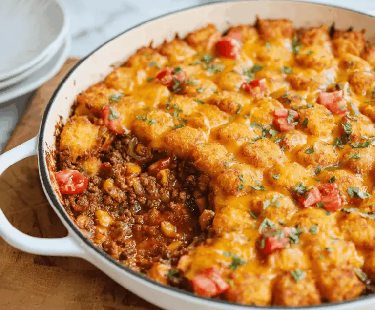 Delicious Cowboy Casserole featuring layers of seasoned beef, crispy fried onions, cheese, and hearty vegetables baked to perfection