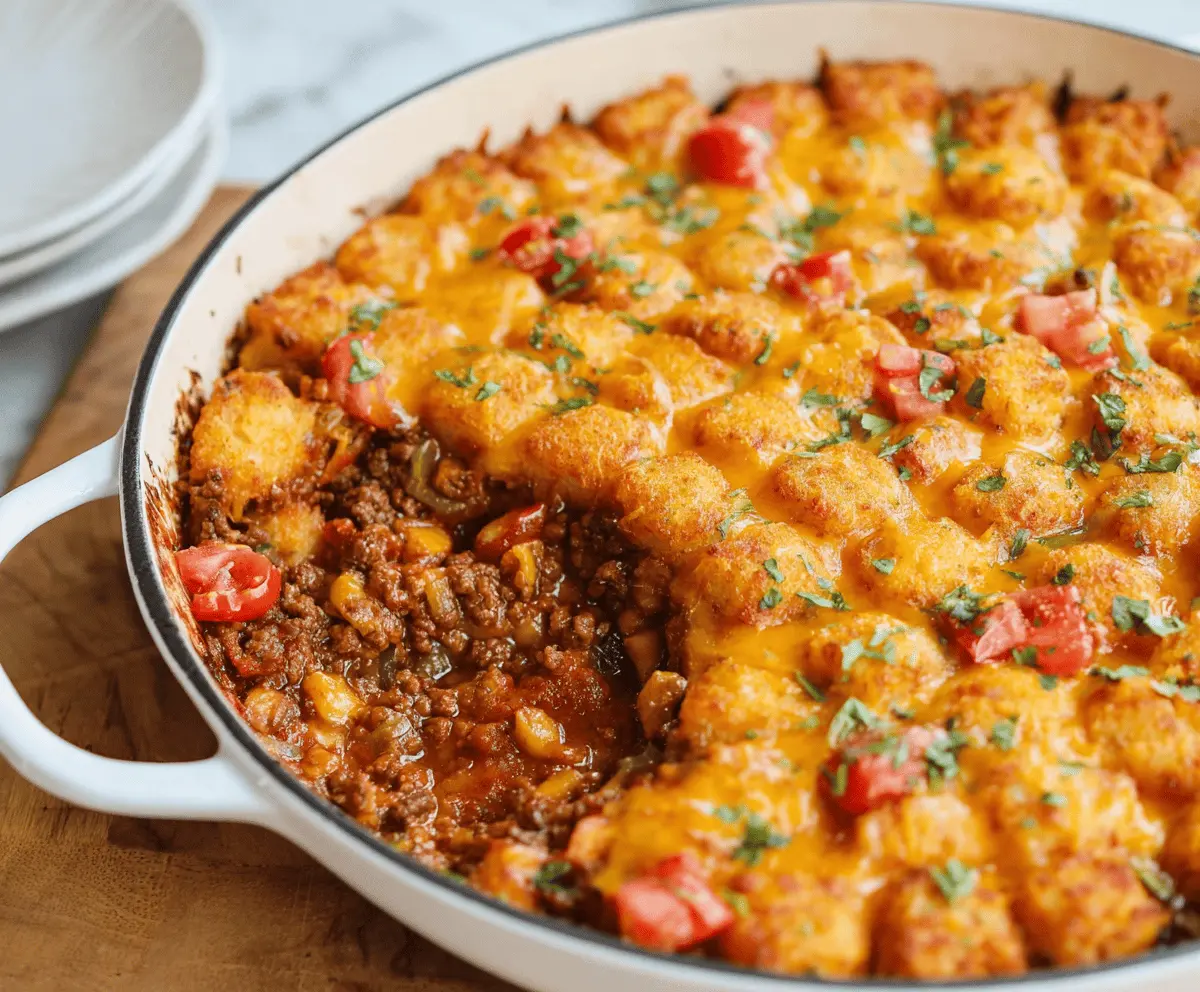 Delicious Cowboy Casserole featuring layers of seasoned beef, crispy fried onions, cheese, and hearty vegetables baked to perfection