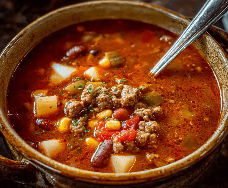 Hearty Cowboy Soup in a bowl with fresh herbs, featuring chunks of beef, beans, vegetables, and spices for a comforting and flavorful meal.