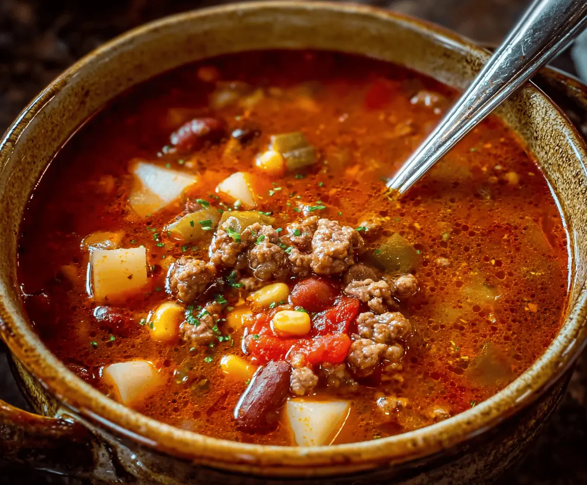Hearty Cowboy Soup in a bowl with fresh herbs, featuring chunks of beef, beans, vegetables, and spices for a comforting and flavorful meal.