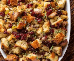 A delicious bowl of cranberry apple stuffing with fresh cranberries, diced apples, herbs, and bread cubes ready to serve as a festive holiday side dish.