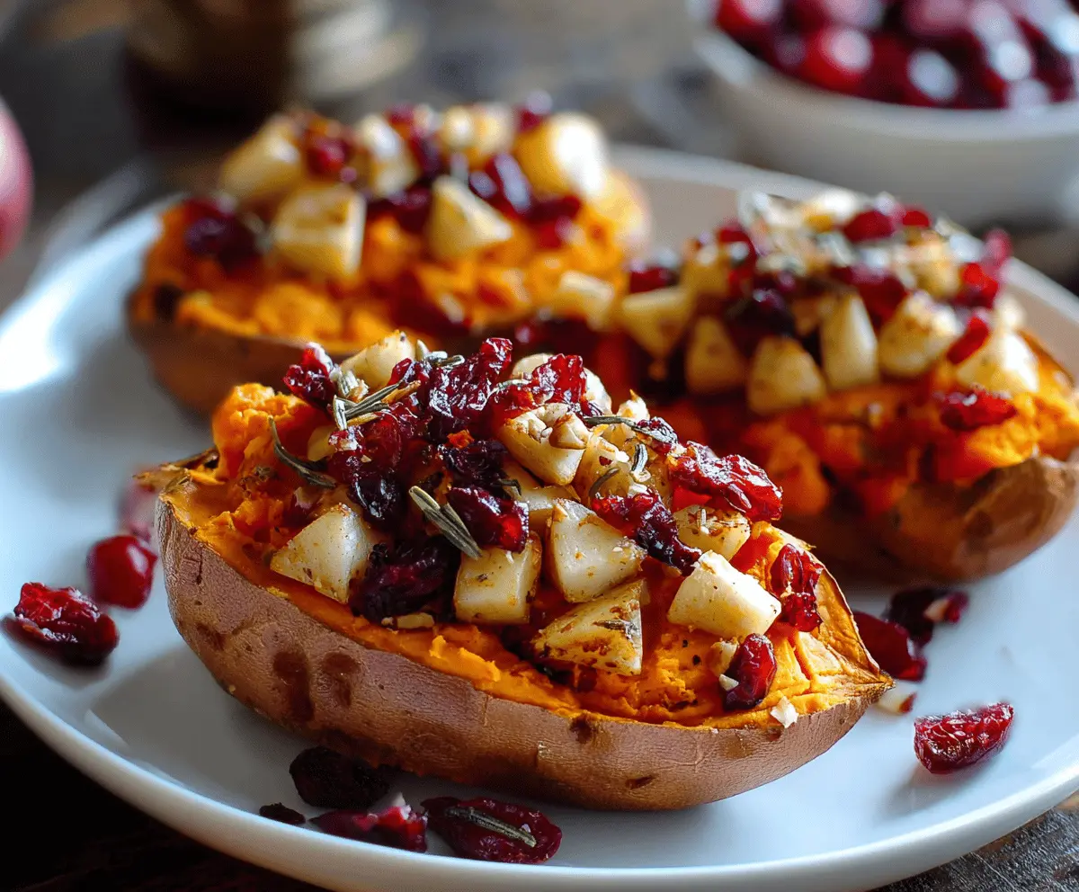 Delicious cranberry apple twice-baked sweet potatoes topped with fresh cranberries and chopped apples.