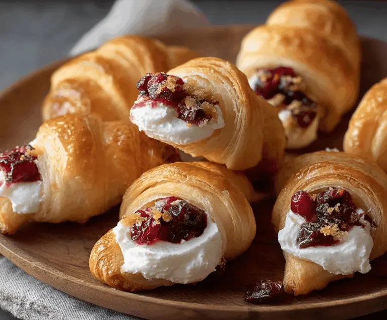 Delicious cranberry cream cheese crescent bites garnished with fresh herbs on a white platter.