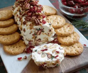 Cranberry Pecan Cheese Log on a serving platter, garnished with fresh herbs and cranberries for a festive appetizer.