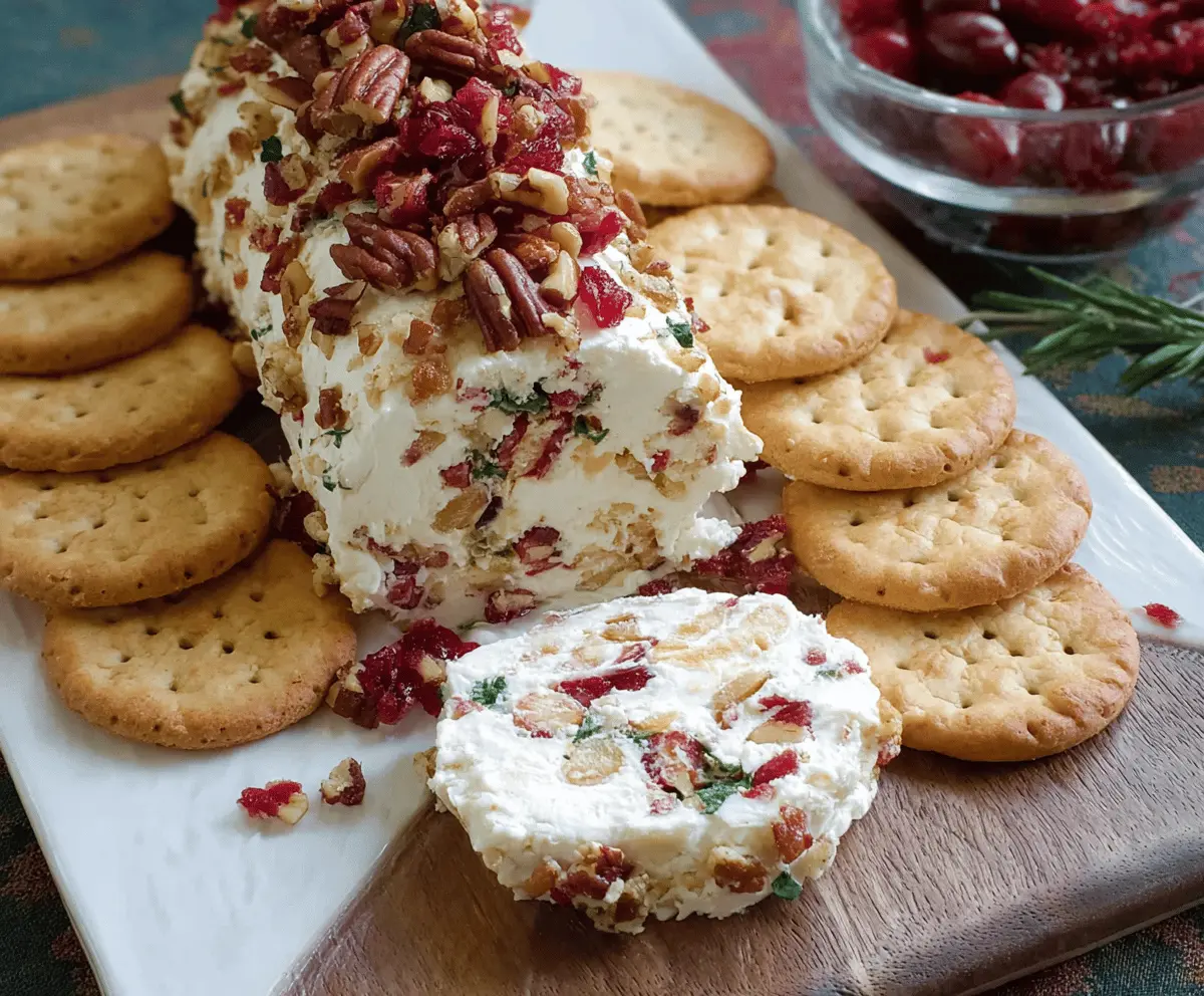 Cranberry Pecan Cheese Log on a serving platter, garnished with fresh herbs and cranberries for a festive appetizer.
